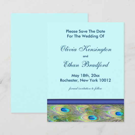 Royal Blauwgroen Blue Peacock Huwelijksuitnodiging Save The Date (Voorkant / Achterkant)