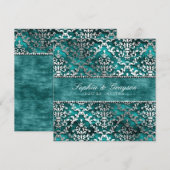 Royal Blauwgroen Glimmer Damask Wedding Invite Kaart (Voorkant / Achterkant)