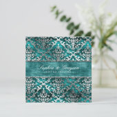 Royal Blauwgroen Glimmer Damask Wedding Invite Kaart (Staand voorkant)
