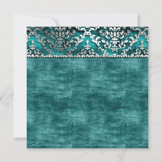 Royal Blauwgroen Glimmer Damask Wedding Invite Kaart (Achterkant)