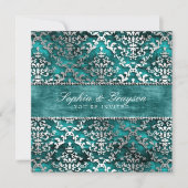 Royal Blauwgroen Glimmer Damask Wedding Invite Kaart (Voorkant)