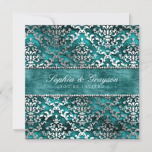 Royal Blauwgroen Glimmer Damask Wedding Invite Kaart (Voorkant)