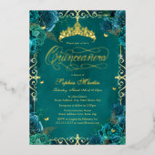 Royal Blauwgroen Gold Butterfly Roos Quinceanera Folie Uitnodiging (Voorkant)