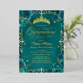 Royal Blauwgroen Gold Butterfly Roos Quinceanera Folie Uitnodiging (Staand Voorkant)