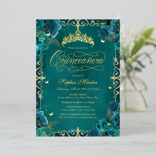Royal Blauwgroen Gold Butterfly Roos Quinceanera Folie Uitnodiging (Staand Voorkant)
