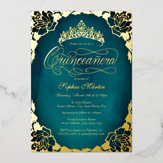 Royal Blauwgroen Gold Elegant Script Quinceanera Folie Uitnodiging (Voorkant)