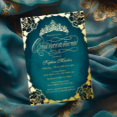 Royal Blauwgroen Gold Elegant Script Quinceanera Folie Uitnodiging