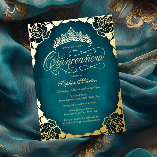 Royal Blauwgroen Gold Elegant Script Quinceanera Folie Uitnodiging