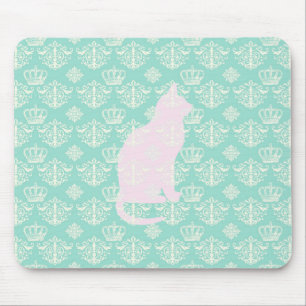  Royal Blauwgroen White Damask Cat Design Pattern Muismat
