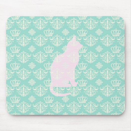  Royal Blauwgroen White Damask Cat Design Pattern Muismat (Voorkant)