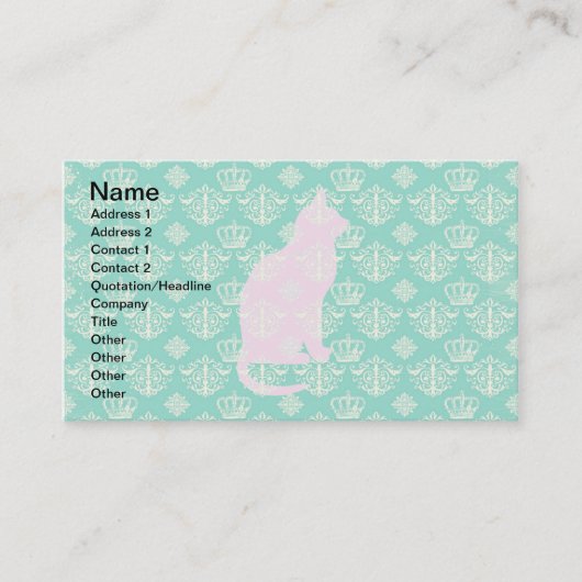 Royal Blauwgroen White Damask Cat Design Pattern Visitekaartje (Voorkant)