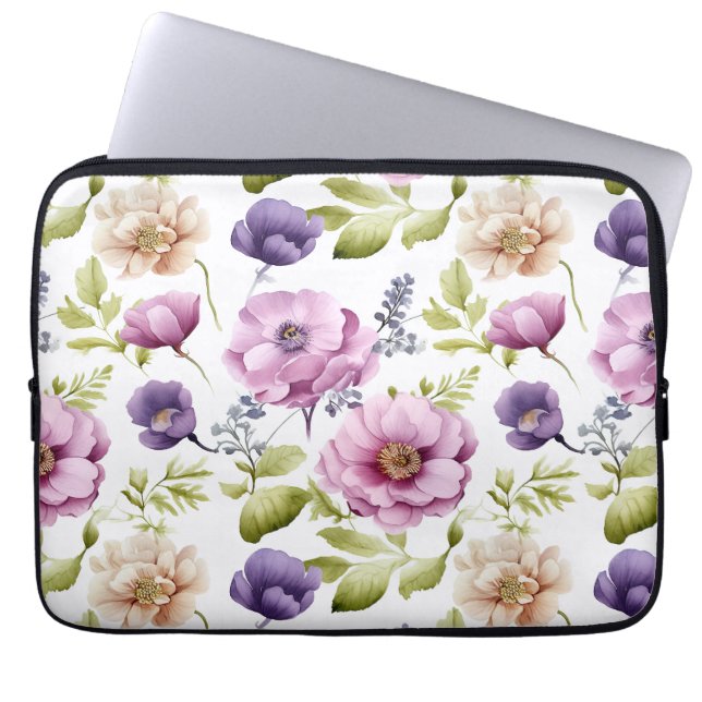 Royal Bloom Symphony Paarse bloemmotief Laptop Sleeve (Voorkant)