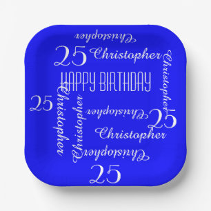 Royal Blue 25e verjaardagsfeest met herhalende nam Papieren Bordje