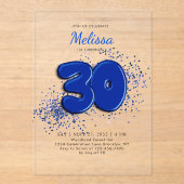 Royal Blue 30th Balloons Confetti Acryl Uitnodigingen (Voorkant)