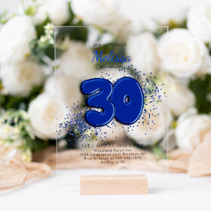 Royal Blue 30th Balloons Confetti Acryl Uitnodigingen