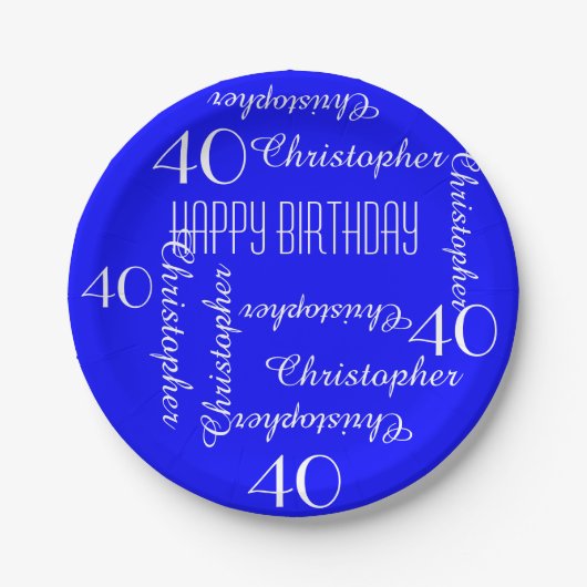 Royal Blue 40th Birthday Party Repating Names Papieren Bordje (Voorkant)
