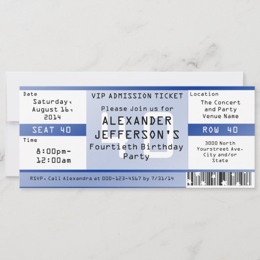 Royal Blue 40th Birthday Party Ticket Kaart (Voorkant)