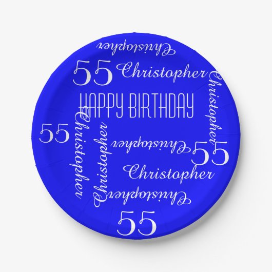 Royal Blue 55th Birthday Party Repating Names Papieren Bordje (Voorkant)