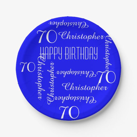 Royal Blue 70th Birthday Party Repating Names Papieren Bordje (Voorkant)