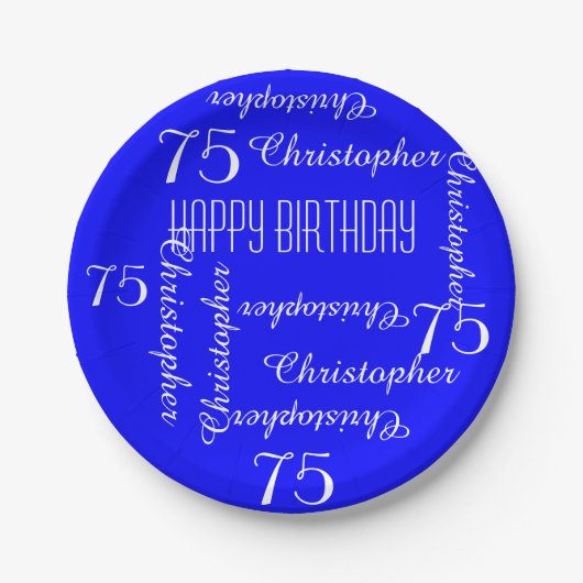 Royal Blue 75th Birthday Party Repating Names Papieren Bordje (Voorkant)