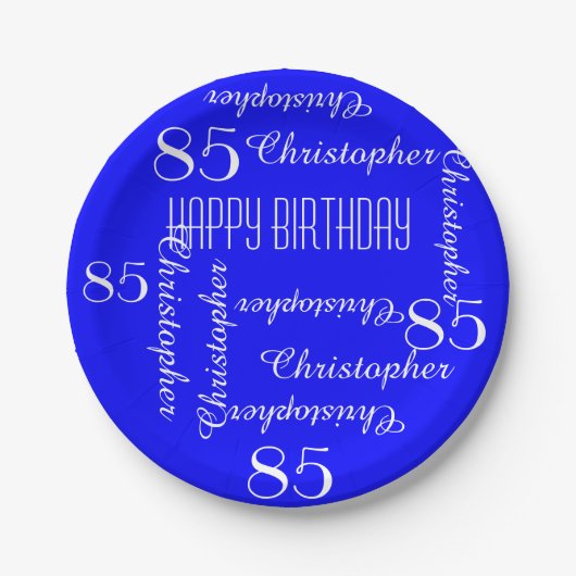 Royal Blue 85th Birthday Party Repating Names Papieren Bordje (Voorkant)