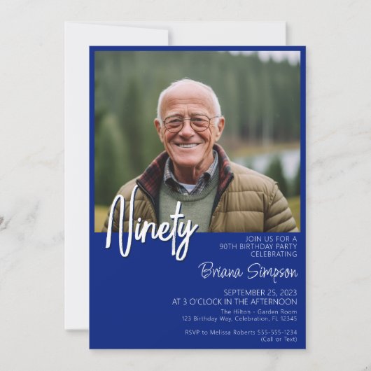 Royal Blue 90e verjaardag foto uitnodiging (Voorkant)