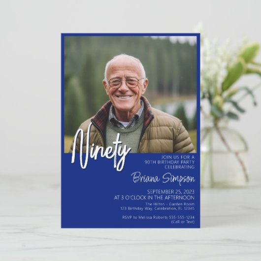 Royal Blue 90e verjaardag foto uitnodiging (Staand voorkant)
