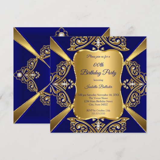 Royal Blue Add Age Birthday Party Gold Diamond Kaart (Voorkant / Achterkant)