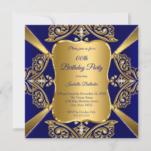 Royal Blue Add Age Birthday Party Gold Diamond Kaart (Voorkant)