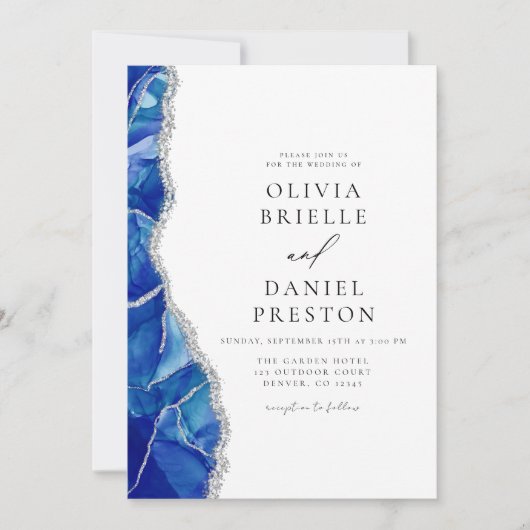 Royal Blue Agate Zilveren Bruiloft QR-code Kaart (Voorkant)