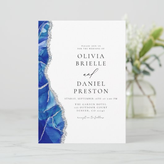 Royal Blue Agate Zilveren Bruiloft QR-code Kaart (Staand voorkant)