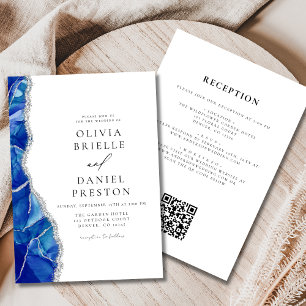 Royal Blue Agate Zilveren Bruiloft QR-code Kaart