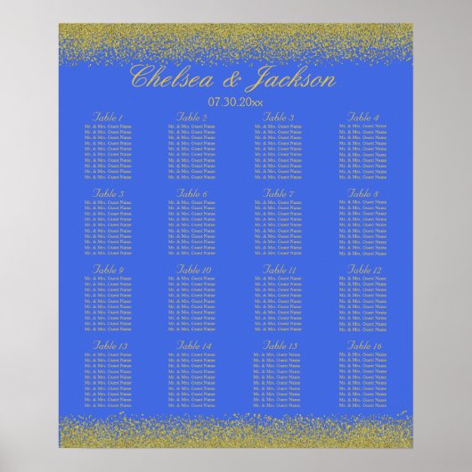 Royal Blue and Gold Confetti - 16 Seating Chart Poster (Voorkant)