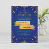 Royal Blue and Gold Corner Wedding Invitation | Kaart (Staand voorkant)