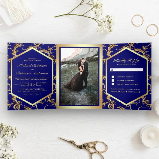 Royal Blue and Gold Flourish Swirl Wedding Photo Drieluik Uitnodiging
