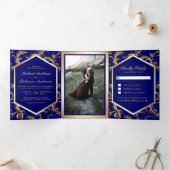 Royal Blue and Gold Flourish Swirl Wedding Photo Drieluik Uitnodiging (Binnen)