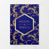 Royal Blue and Gold Flourish Swirl Wedding Photo Drieluik Uitnodiging (Cover)