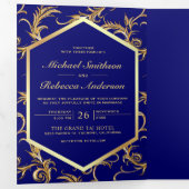 Royal Blue and Gold Flourish Swirl Wedding Photo Drieluik Uitnodiging (Binnenzijde eerst)