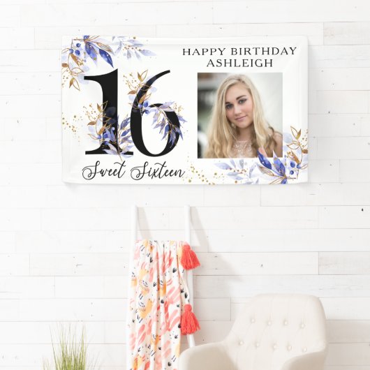 Royal Blue and Gold Foliage Sweet 16 Photo Banner (Insitu)