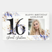 Royal Blue and Gold Foliage Sweet 16 Photo Banner (Horizontaal)