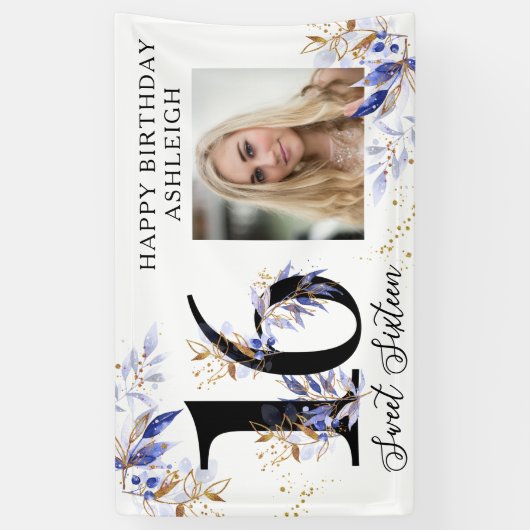 Royal Blue and Gold Foliage Sweet 16 Photo Banner (Verticaal)