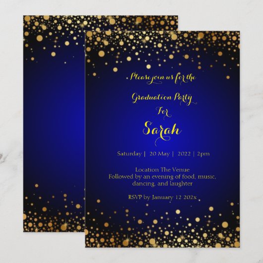 Royal Blue and Gold Graduation Party Invite Feestdagenkaart (Voorkant / Achterkant)