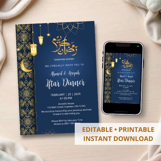 Royal Blue and Gold Islamic Floral Geometric Iftar Kaart