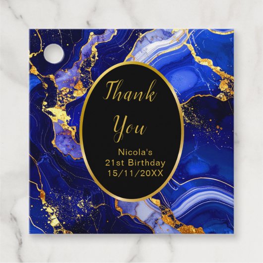 Royal Blue and Gold Marble Agate Birthday Party Bedankjes Labels (Voorkant)