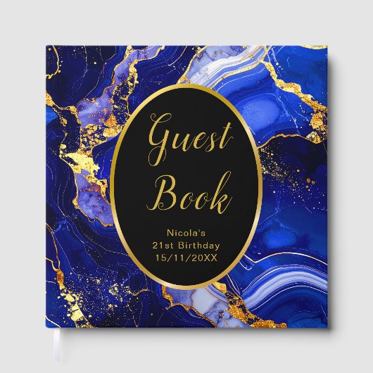 Royal Blue and Gold Marble Agate Birthday Party Gastenboek (Voorkant)