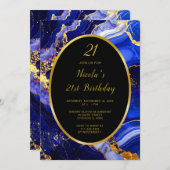 Royal Blue and Gold Marble Agate Birthday Party Kaart (Voorkant / Achterkant)