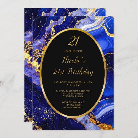 Royal Blue and Gold Marble Agate Birthday Party Kaart (Voorkant / Achterkant)