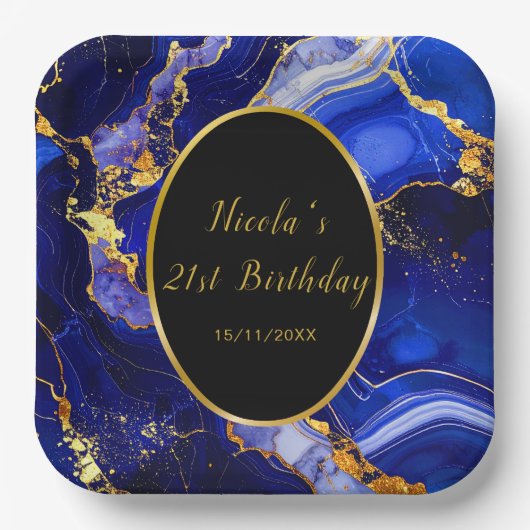 Royal Blue and Gold Marble Agate Birthday Party Papieren Bordje (Voorkant)