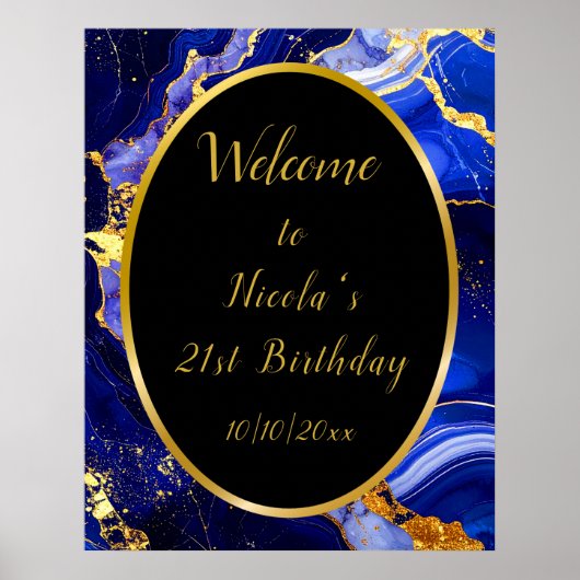 Royal Blue and Gold Marble Agate Birthday Party Poster (Voorkant)