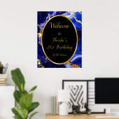 Royal Blue and Gold Marble Agate Birthday Party Poster (Thuiskantoor)